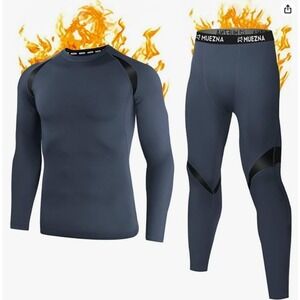 Muezna Mens Thermal Base Layer Top Pants Set Fleece Lined Dark Grey Size Small